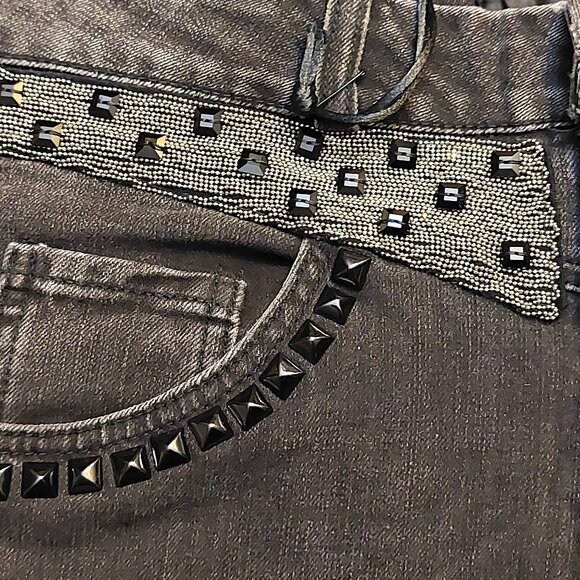 John Richmond Silver Black Studs & Chain Detail on Black Washed Denim Jeans 27 - Picture 7 of 16
